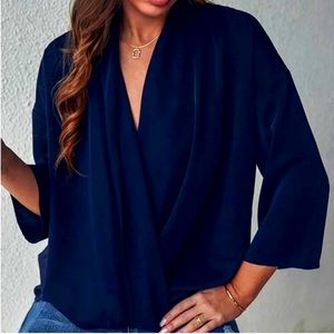 Navy Surplice Neck Blouse Size 6 Medium